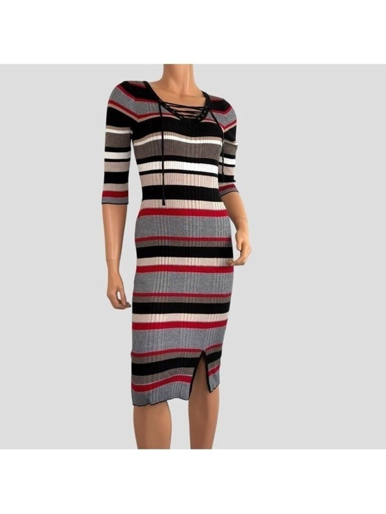 Pink Rose Dresses & Skirts - Pink Rose Women’s Rib Knit Midi Dress Lace-up Striped Stretchy Sz S/P Y2K Indie